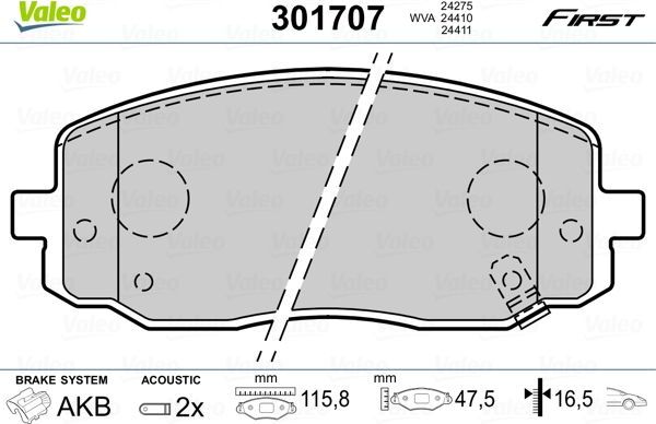 Тормозные колодки Valeo First передние для Kia Picanto I 2004-2011. Артикул 301707