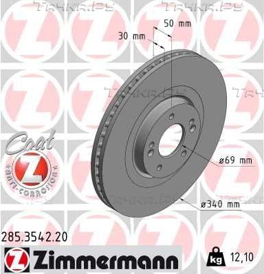 Тормозной диск Zimmermann Coat Z передний для Hyundai Santa Fe IV 2018-2026. Артикул 285.3542.20