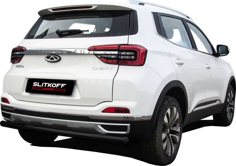 Защита Slitkoff заднего бампера d57 для Chery Tiggo 4 2017-2026 ЧЕРНАЯ матовая. Артикул CT4-006B