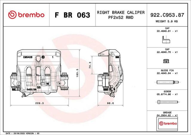 Тормозной суппорт Brembo (Серый чугун) передний правый для Mercedes-Benz Sprinter 907, 910 2018-2026. Артикул F BR 063