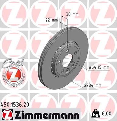 Тормозной диск Zimmermann Coat Z передний для Rover 75 I 1999-2005. Артикул 450.1536.20