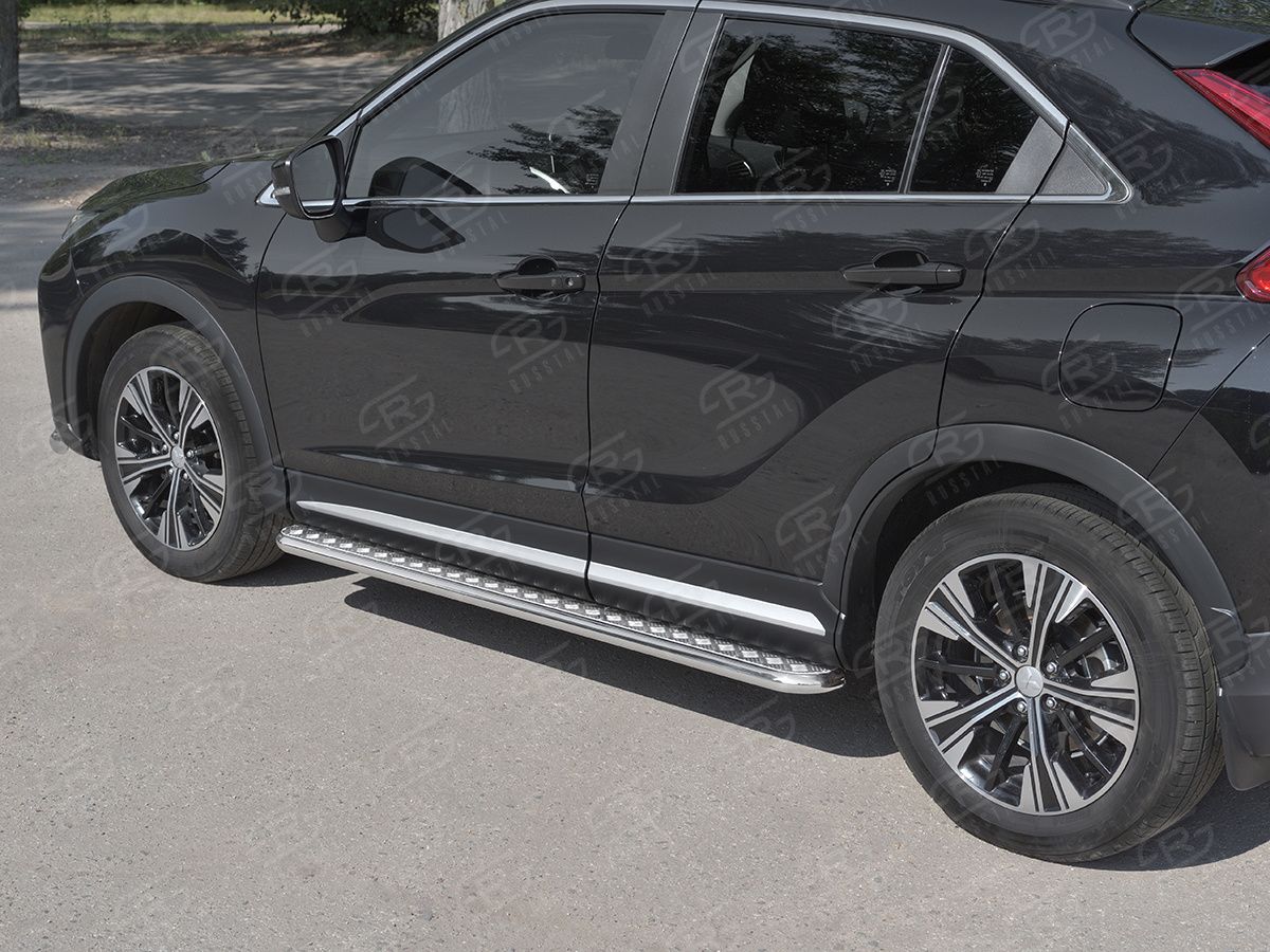 Защита порогов RusStal труба d42 с листом (Лист алюм, проф. нерж) (Вариант 1) для Mitsubishi Eclipse Cross 2018-2026. Артикул MEL-0030471