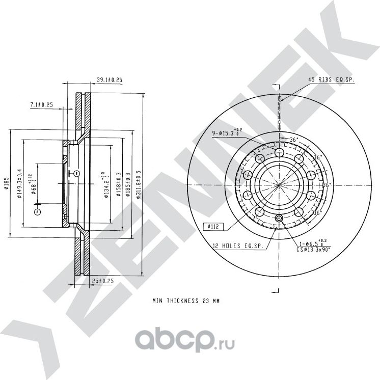 Диск тормозной передний AUDI A4 B5/6/7 94-08 AUDI A6 C5 97-04 (Zennek). Артикул DBD0146
