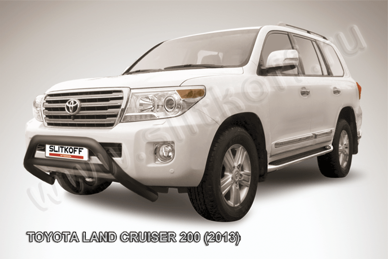 Кенгурятник Slitkoff d76 низкий широкий с перемычкой ЧЕРНЫЙ матовый для Toyota Land Cruiser 200 2013-2015. Артикул TLC2-13-008B