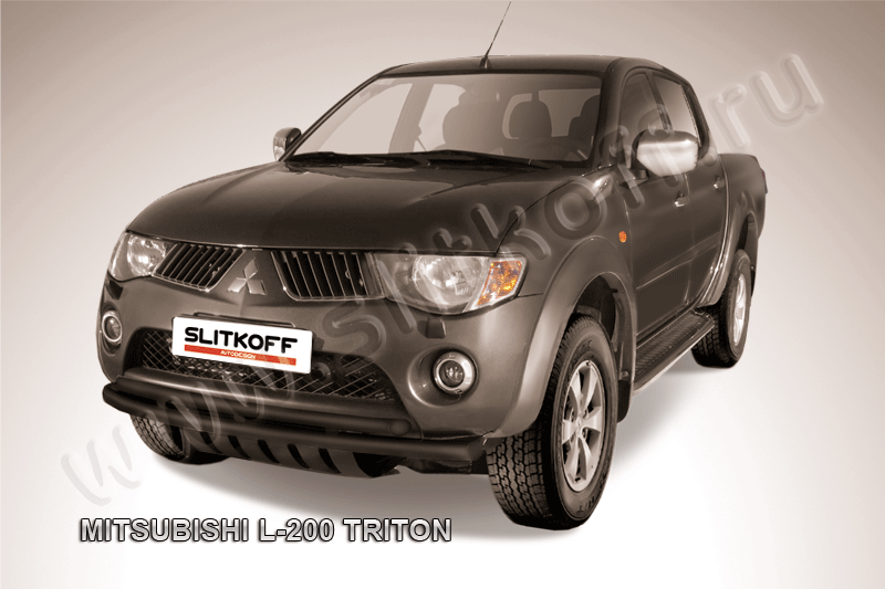 Защита Slitkoff переднего бампера d57/57 двойная ЧЕРНАЯ матовая для Mitsubishi L200 IV Triton 2006-2015. Артикул ML009B