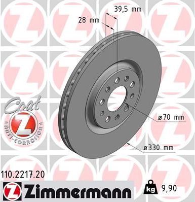Тормозной диск Zimmermann Coat Z передний для Jeep Cherokee V (KL) 2013-2026. Артикул 110.2217.20
