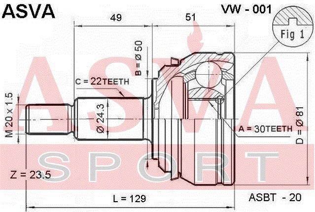 Шрус наружный (граната) Asva передний для Volkswagen Jetta I 1978-1984. Артикул VW-001