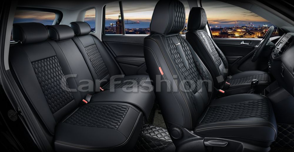 Комплект универсальных каркасных чехлов CarFashion 5D Bison Plus на сидения авто, цвет Черный/Черный/Серый. Артикул 27300