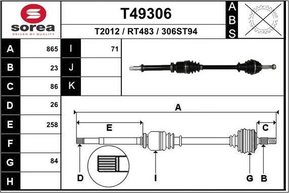 Полуось (привод в сборе, приводной вал) EAI. Артикул T49306