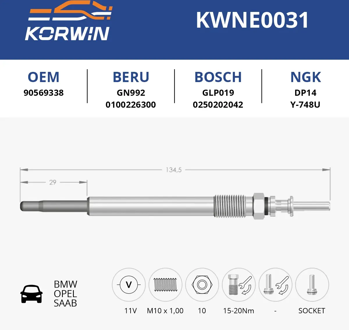Свеча накаливания BMW/Opel/Saab (гар. 2 года) пр. Турция (Korwin). Артикул KWNE0031