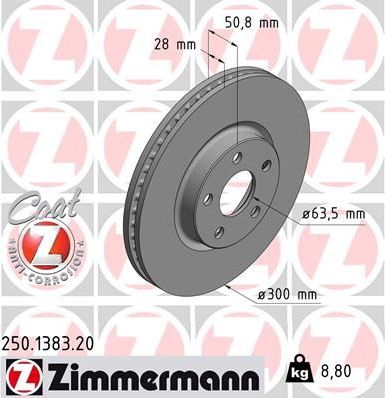 Тормозной диск Zimmermann Coat Z передний для Ford S-MAX II 2015-2026. Артикул 250.1383.20