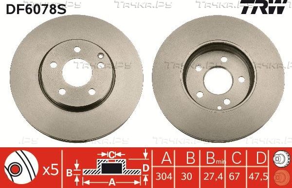 Тормозной диск TRW передний для Mercedes-Benz E-Класс III (W211, S211) 2003-2009. Артикул DF6078S