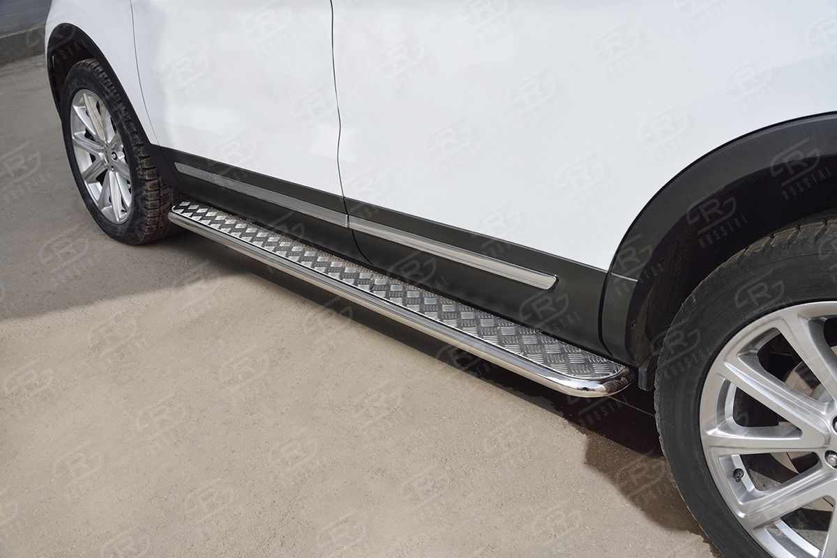 Защита порогов RusStal труба d42 с листом (Лист алюм, проф. нерж) (Вариант 2) для Ford Explorer V 2015-2017. Артикул FEL-0026632