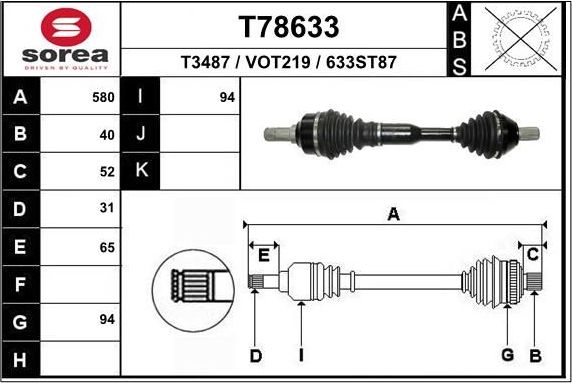 Полуось (привод в сборе, приводной вал) EAI. Артикул T78633