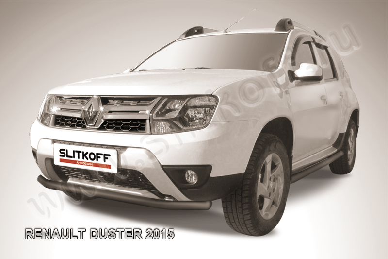 Защита Slitkoff переднего бампера d57 для Renault Duster I рестайлинг 2015-2020 Черная. Артикул RD15003B
