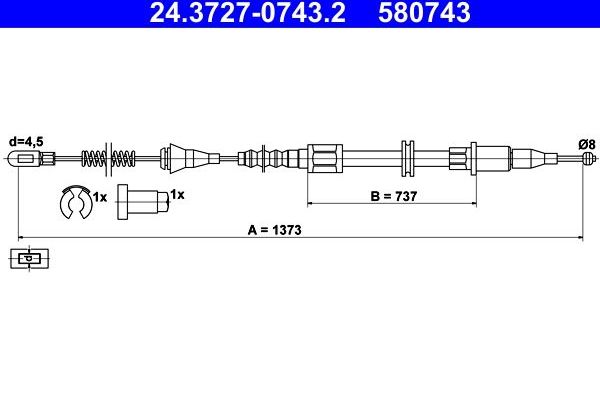 Трос ручника (тросик ручного тормоза) ATE задний левый для Opel Corsa B 1993-2000. Артикул 24.3727-0743.2