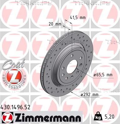Тормозной диск Zimmermann SPORT Z задний для Opel Signum I 2003-2008. Артикул 430.1496.52
