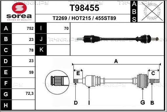 Полуось (привод в сборе, приводной вал) EAI. Артикул T98455