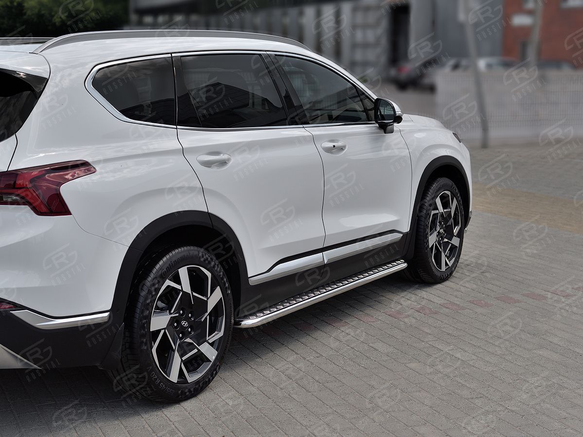 Защита порогов RusStal труба d42 с листом (лист алюм, проф. нерж) (вариант 1) для Hyundai Santa Fe IV рестайлинг 2021-2026. Артикул HSFL-0036011
