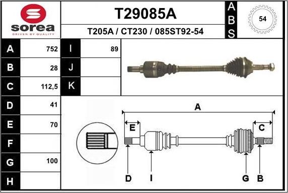Полуось (привод в сборе, приводной вал) EAI. Артикул T29085A