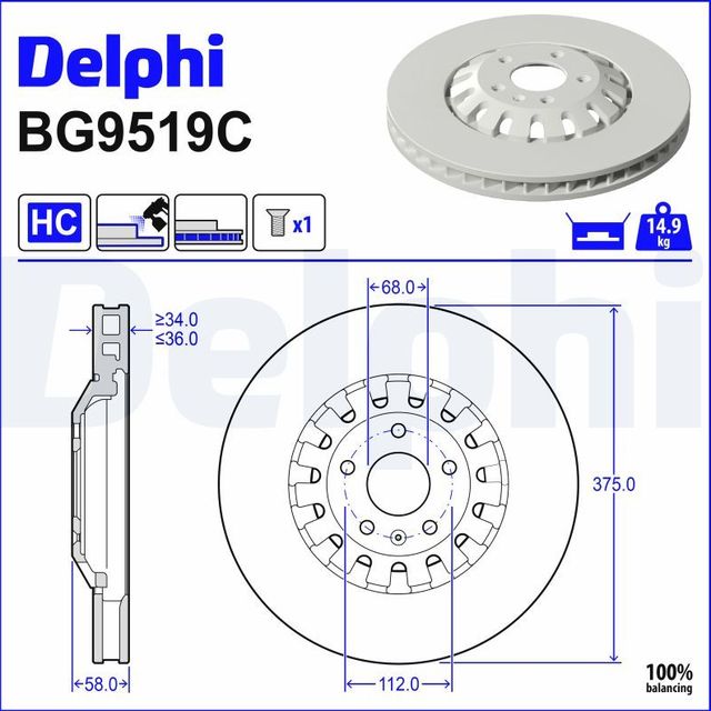 Тормозной диск Delphi для Audi A7 I (4G) 2016-2018. Артикул BG9519C