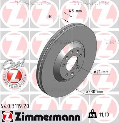 Тормозной диск Zimmermann Coat Z передний для Citroen C6 2005-2012. Артикул 440.3119.20