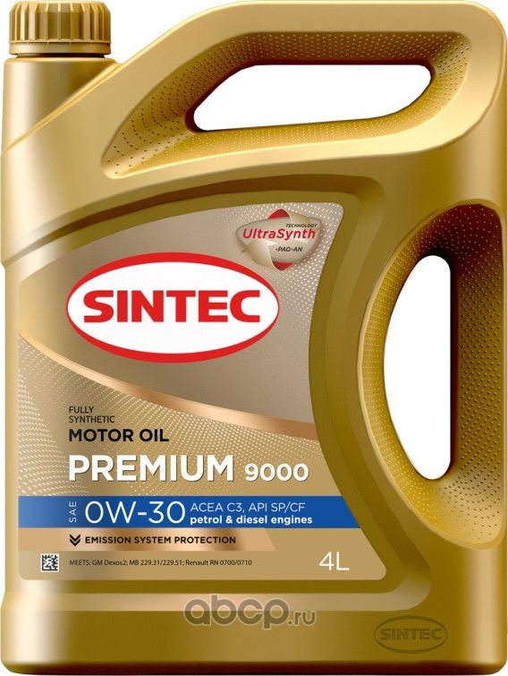 Масло моторное 0W30 SINTEC 4л синтетика PREMIUM 9000 ACEA C3 API SP/CF (322766). Артикул 600111