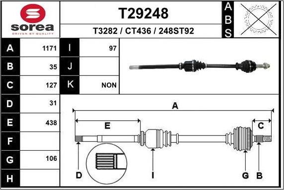Полуось (привод в сборе, приводной вал) EAI. Артикул T29248