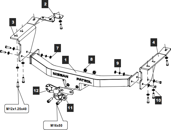 Фаркоп Baltex с открытой оцинкованной балкой и нерж. накладкой для Nissan Patrol Y62 2010-2026. Фланцевое крепление. Артикул 159348