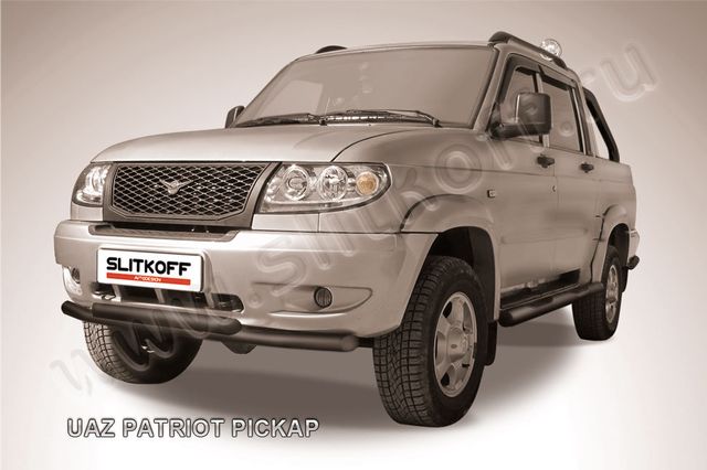 Защита Slitkoff переднего бампера d57/57 двойная ЧЕРНАЯ матовая для УАЗ Pickup 2007-2014. Артикул UPpic003B