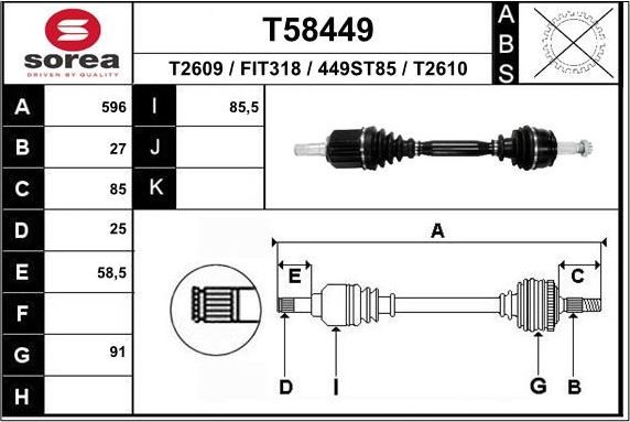 Полуось (привод в сборе, приводной вал) EAI. Артикул T58449
