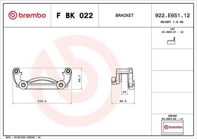 Скоба тормозного суппорта Brembo (Серый чугун) задняя правая/левая для Renault Master III 2010-2026. Артикул F BK 022