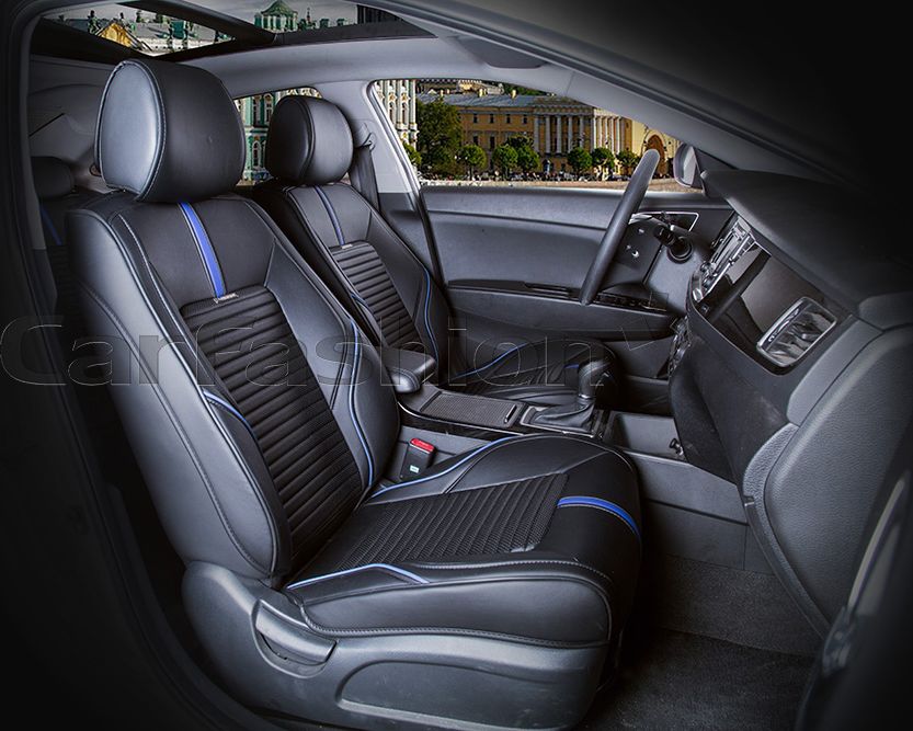 Накидки универсальные CarFashion Sector Leather на передние сидения авто, цвет Синий/Черный/Черный. Артикул 21386