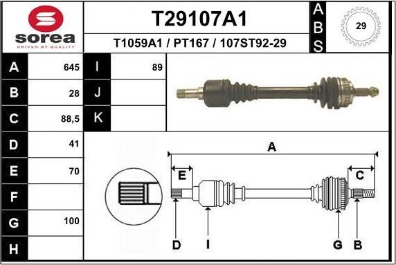 Полуось (привод в сборе, приводной вал) EAI. Артикул T29107A1