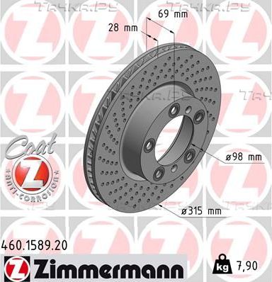 Тормозной диск Zimmermann Coat Z передний левый для Porsche Boxster III (981) 2012-2016. Артикул 460.1589.20