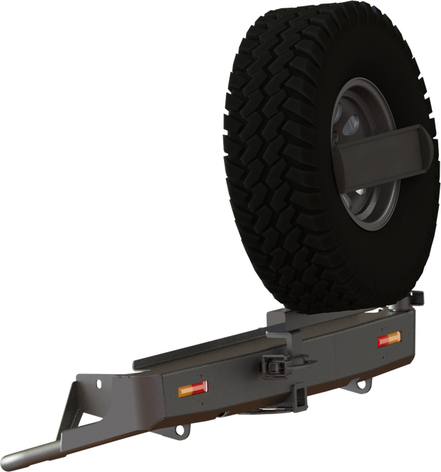 Бампер силовой STC задний для Nissan Navara 2010-2026 с квадратом под фаркоп, кронштейном крепления запасного колеса по центру, кронштейном крепления гос номера и дублирующими фонарями. Артикул STC-NN-BR-C1-L1