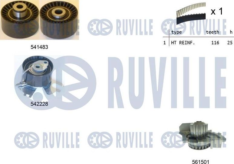 Помпа (водяной насос) с комплектом ремня ГРМ Ruville. Артикул 5503671
