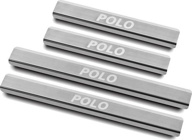 Накладка RusStal на пороги (лист нерж. шлифованный с надписью) для Volkswagen Polo V рестайлинг 2015-2020 седан. Артикул VWPOL15-03