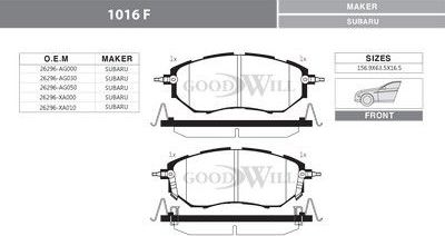 Тормозные колодки GoodWill передние для Subaru Outback IV 2009-2014. Артикул 1016 F