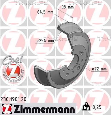 Тормозной барабан Zimmermann Coat Z задний для Fiat Ducato II 1994-2006. Артикул 230.1901.20