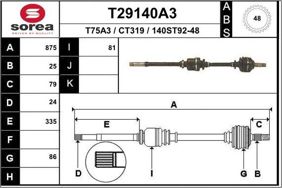 Полуось (привод в сборе, приводной вал) EAI. Артикул T29140A3
