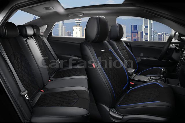 Чехлы универсальные каркасные CarFashion 5D Diamond Plus на сидения авто, цвет Черный/Черный/Синий. Артикул 27031