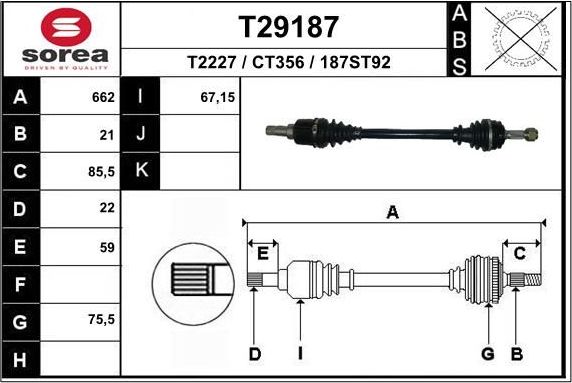 Полуось (привод в сборе, приводной вал) EAI. Артикул T29187