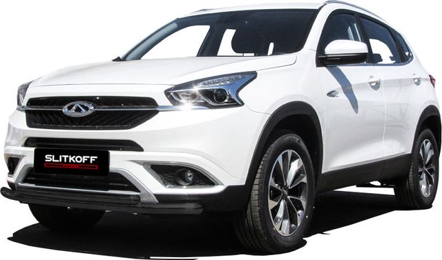 Защита Slitkoff переднего бампера d57+d42 двойная для Chery Tiggo 7 2016-2026 Черная. Артикул CT7-001B