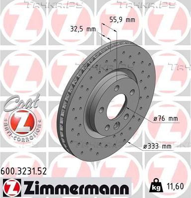 Тормозной диск Zimmermann SPORT Z передний для Volkswagen Transporter T5 2003-2015. Артикул 600.3231.52