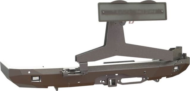 Бампер силовой STC тип Revo задний для Toyota Land Cruiser Prado 150 2017-2026 с квадратом под фаркоп, площадкой под лебедку, кронштейном крепления запасного колеса по центру, кронштейном крепления гос номера и фарами заднего хода. Артикул STC-TLCP150/17-BRR-W-C1-L3