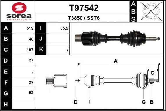 Полуось (привод в сборе, приводной вал) EAI. Артикул T97542