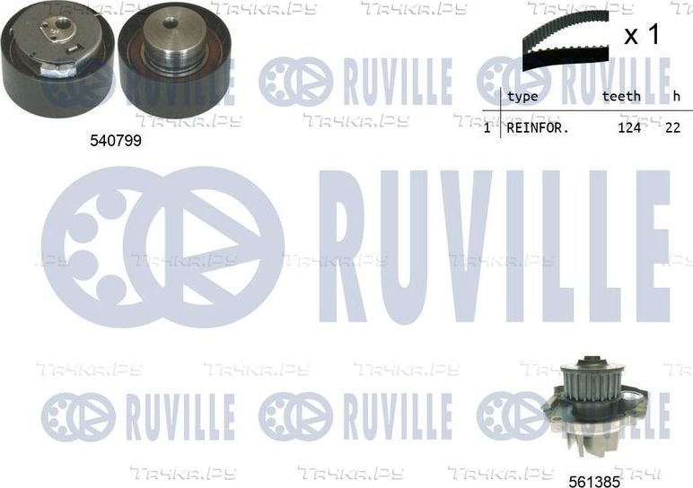 Помпа (водяной насос) с комплектом ремня ГРМ Ruville для Lancia Ypsilon II (Type 843) 2003-2011. Артикул 5500342