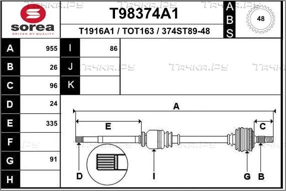 Полуось (привод в сборе, приводной вал) EAI передняя правая для Toyota Avensis II 2003-2008. Артикул T98374A1
