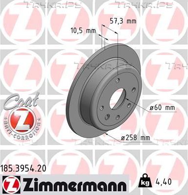 Тормозной диск Zimmermann Coat Z задний для Daewoo Nubira III 2003-2004. Артикул 185.3954.20